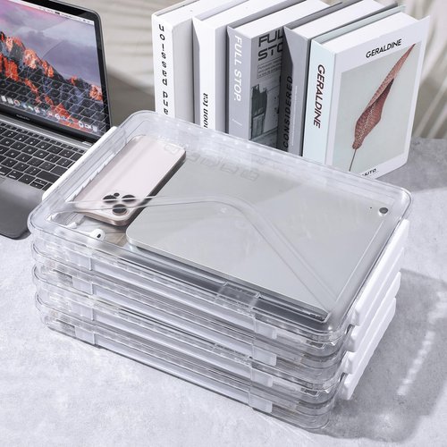 mekueeex 4 Packs File Box Clear Portable Project Case with Handle Plastic Stackable Paper Storage Box Document Magazines File Boxes Holder for A4 Letter File Scrapbook Storage Photo Protector Case