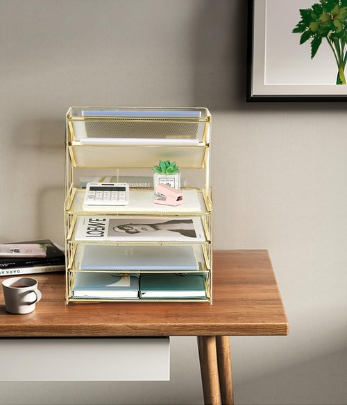 OPNICE 6-Tier Letter Tray Paper Organizer, Desk Organizers and Accessories, Desktop File Organizer, Office Desk Accessories for Office Supplies (Gold)