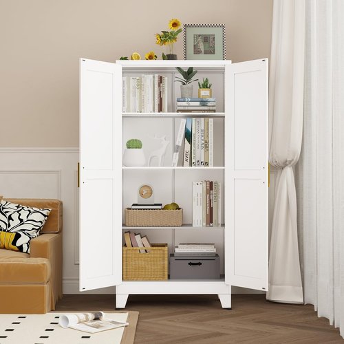 Pozdeg Metal Storage Cabinet - 61" Tall Steel File Cabinet with 2 Doors & 3 Adjustable Shelves | Versatile White Storage for Home, Office, Garage, or Outdoor Use