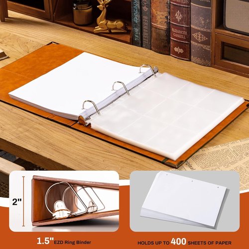 Ovesmusl Leather D-Ring Binder - 1.5 Inch Holds 400 Sheets | Fits 8.5"x11" Letter Size Paper, Green Tree