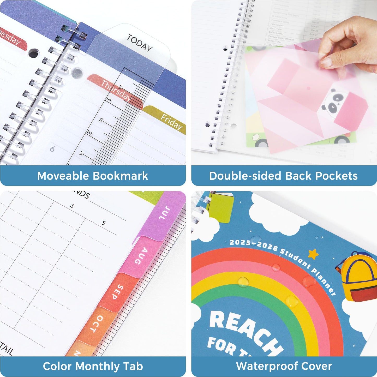 SUNEE Elementary Student Planner 2025-2026, Dated Academic Year Jul. 2025 - Jun. 2026, 6.5"×8.3" School Planner for Kids, Datebooks Weekly & Monthly Plan Book with Bookmark/Monthly Tabs, Blue Rainbow