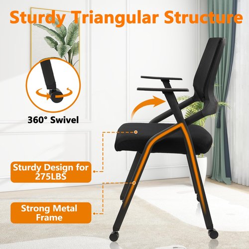 CLATINA Stackable Foldable Conference Room Chairs with Wheels, Portable Padded Office Desk Chair with Lumbar Support and Armrest for Training Room, Guest, Reception, Event, Black (1pk)