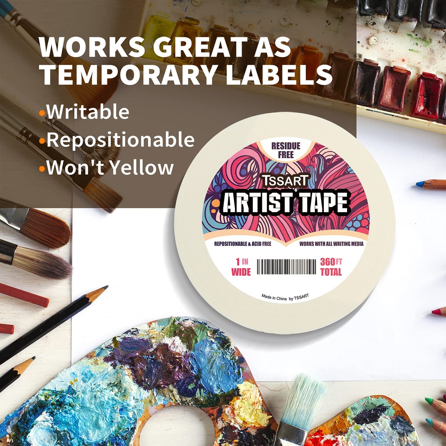 Artist Tape 2 Pack - Acid-Free White Masking Tape for Watercolor Painting & Framing | 1 Inch Wide, 360FT Total
