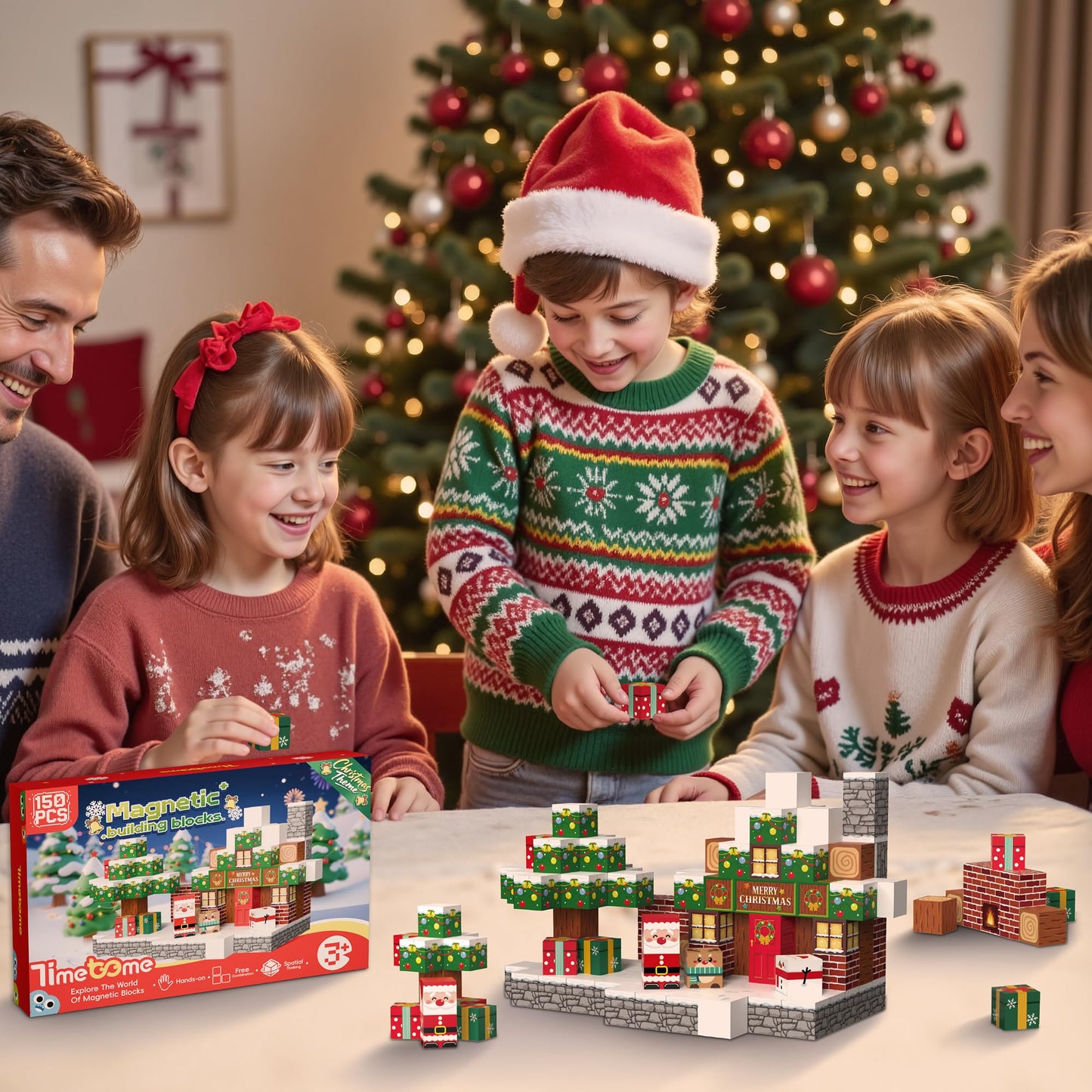 Timetome Magnetic Blocks, 150PCS Magnetic Building Block Cubes, STEM Montessori Sensory Toys for Kids Boys Girls Ages 3 4 5 6 7 8 9 10 (Christmas Version)