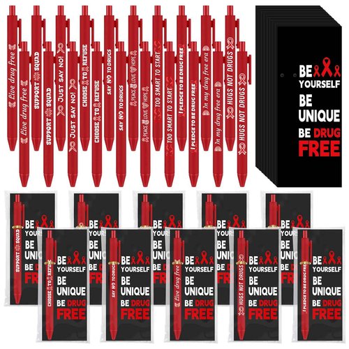 Sayglossy 100 Sets Red Ribbon Week Supplies Bulk Red Ribbon Awareness Pens & Bookmarks Set Drug Free Ballpoint Pen with Inspirational Bookmarks Accessories for Fundraising Charity Party Favors