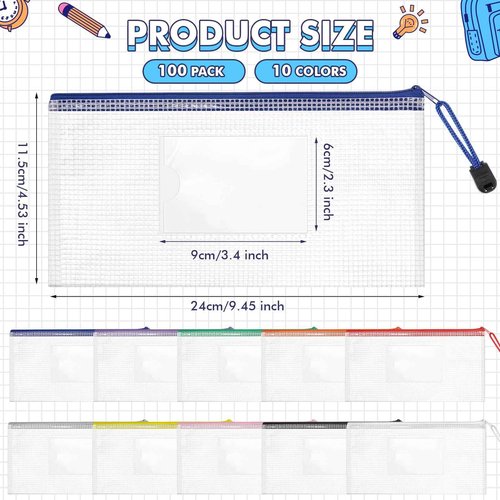 Handepo 100 Pcs A6 Mesh Zipper Pouch Bags with Label Pocket 9.45x4.53 Inch Waterproof Small Zipper File Bags Bulk Color Pencil Document Multipurpose Pouches for Office Travel Puzzles Games Organizing