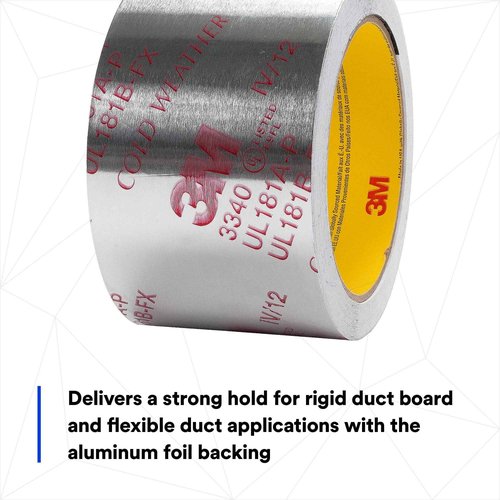 3M Aluminum Foil Tape 3340, 2.5" x 50 yd, 4.0 mil, Silver, HVAC, Sealing and Patching Hot and Cold Air Ducts, Fiberglass Duct Board, Insulation, Metal Repair
