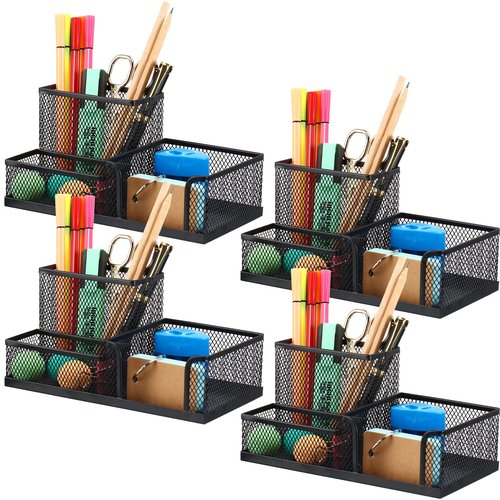 4 Pcs Mesh Desk Organizer 3 Compartments Mesh Pen Holder Sticky Notes Pencil Holder Black Metal Caddy Desk Pen Organizer for Desktop Accessories Storage Baskets Home Office and School Supplies