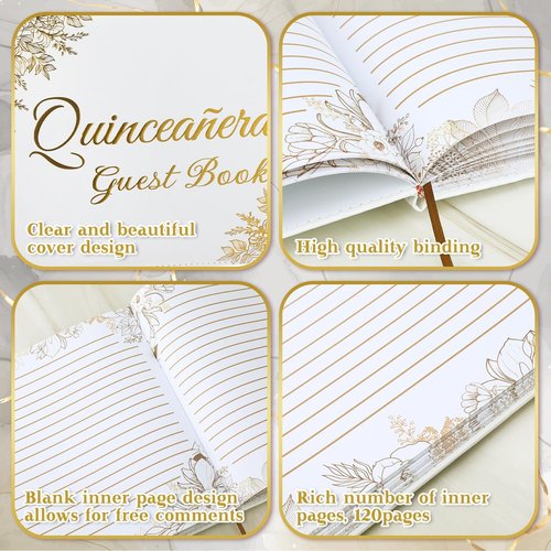 MotiMind Quinceañera Guest Book with Pen 11 x 8 Inch Libro De Firmas Para 15 Años Quinceanera Leather Hardcover Signature Book Guest Sign in for 15th Party Favors Decoration(White,Floral)