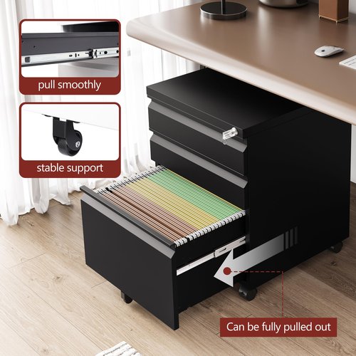 RAVIGIN 3 Drawer File Cabinet，Mobile Filing Cabinet with Lock and Wheels，Un-Assembled Metal Under Desk File Cabinets for A4/Letter/Legal Size（Black