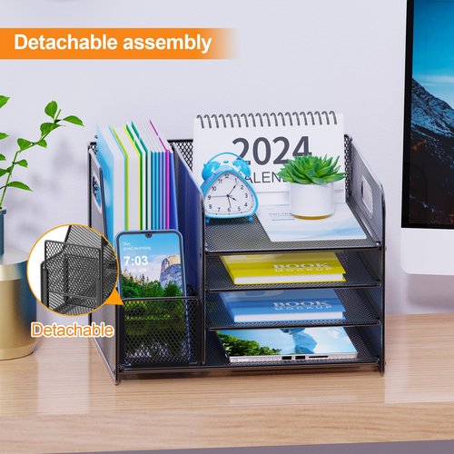 VEESUN 4-Tier Mesh Desk Organizer with File Holder – Office Supplies Organizer for Workspace Accessories, Black