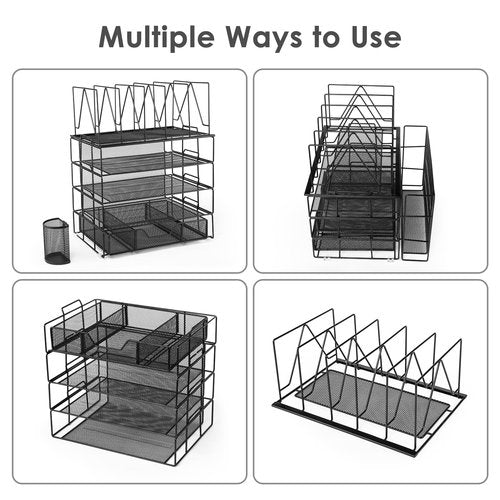 Housmile Desk Organizer, 5-Tier Desk Organizers and Accessories with File Sorters, Paper Tray, Drawer and Pen Holder, Anti-slip Silicone, Detachable File Organizer for Desk, Black