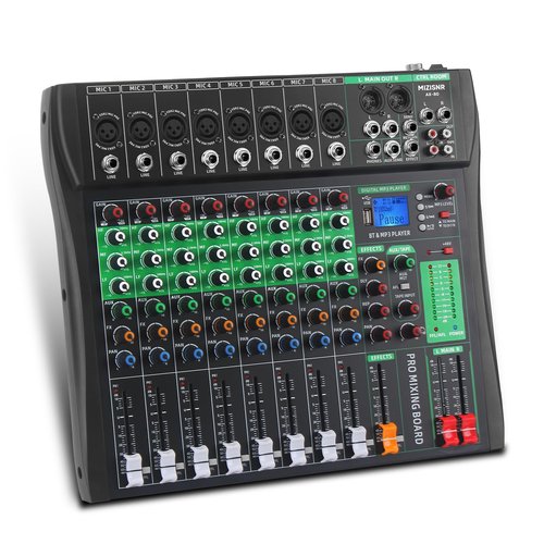 MIZISNR Audio Mixer 8 Channel, Professional Music Sound Mixer Board with Reverb, Digital DJ Mixing Console with 48V Phantom Power USB Port Bluetooth for Recording Karaoke Podcasting (AX-80)