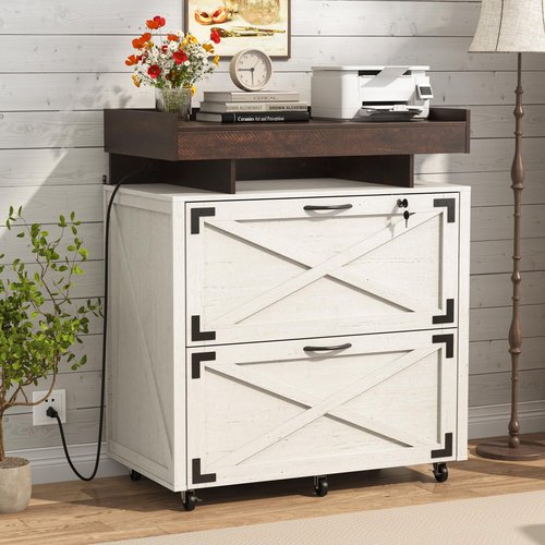 Farmhouse 2 Drawer File Cabinet on Wheels, 30" Large Locking Filing Cabinets w/ Hanging File Folders for A4/Letter/Legal Size Documents, Office Rolling Storage Cabinet for Home Office,White