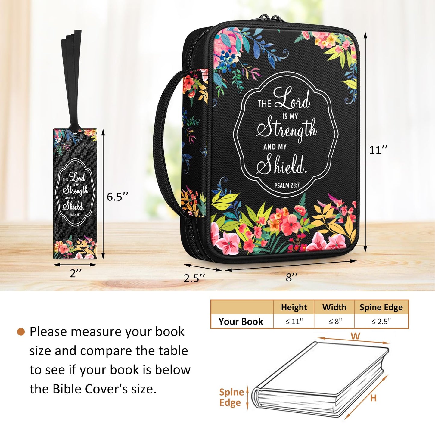 FINPAC Bible Cover, Carrying Book Case Church Bag Bible Protective with Handle and Zippered Pocket, Gift for Mother Lady Women Men, Floral Black