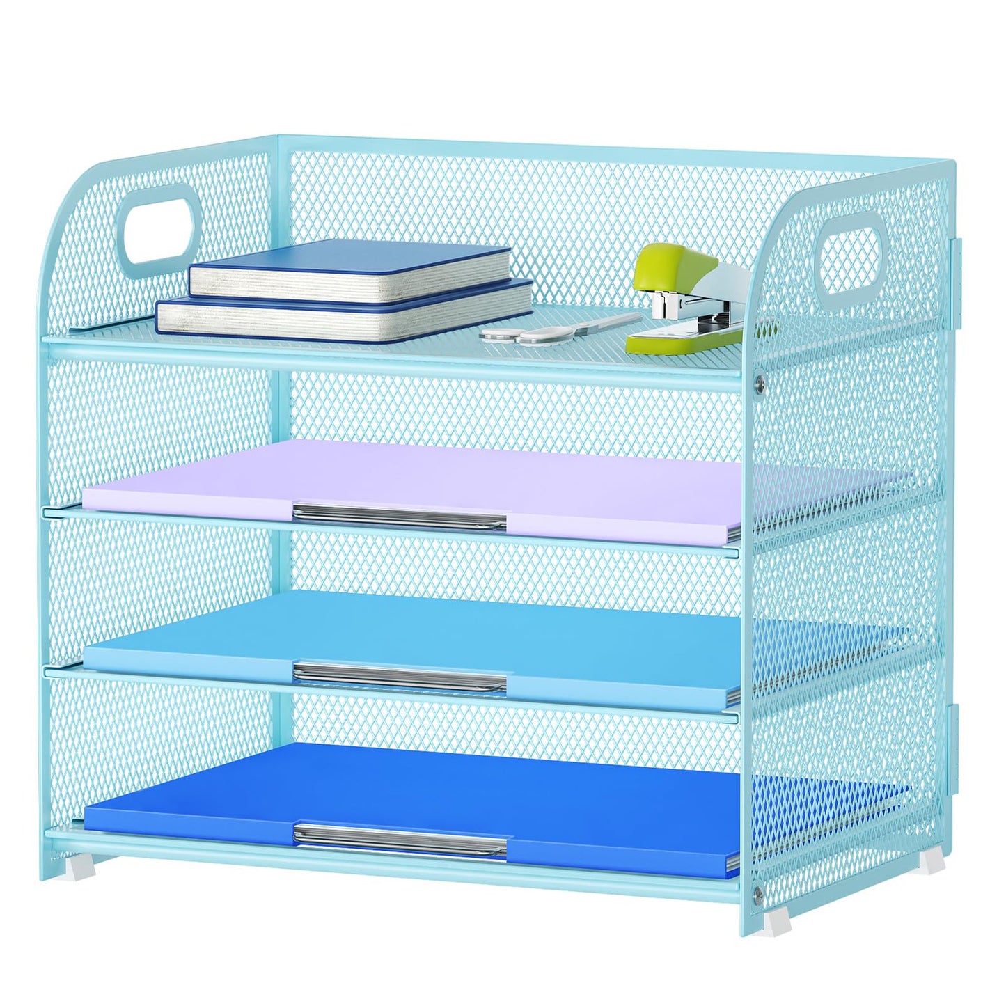 Marbrasse 4 Tier Paper Organizer Letter Tray - Mesh Desk File Organizer with Handle, Paper Sorter Organizer for Letter Office File Folder Holder (Blue, 12.6" x 9.1" x 10.7")
