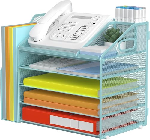 DocNest 5 Tier Mesh Paper Letter Tray Organizer - Stylish Blue Desk File with Handle & Pen Holder