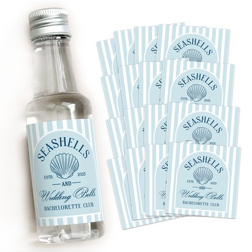 Seashells and Wedding Bells Bachelorette Shot Bottle Labels - 50 mL Bachelorette Liquor Labels - Set of 16, Coastal Bachelorette Party Favors, Beach Bridal Shower Stickers (Stripes)
