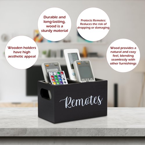 Black Wooden Remote Control Holder for Table, TV Remote Holder, 2 Compartments Ash Wood Remote Organizer Caddy with Handle, Wooden Remote Box for Nightstand,Living Room Office, Office Desk, Side Table