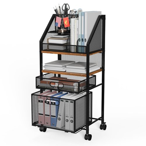 Rolling Utility Art Cart with 2 Drawers Metal Moving Storage Cabinet with Lockable Wheels Wood&Mesh Rolling File Organizer Filing Cabinets for Home Office Classroom Organization(31 * 15 * 10 Inch)