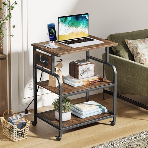 YAOHUOO 3 Tier Large Printer Stand with Power Outlet/Adjustable Storage Shelf, Rolling Cart with Wheels, Printer Table for Home Office 3D Printer/Heat Press/Laster, 22"×15" Rustic Brown