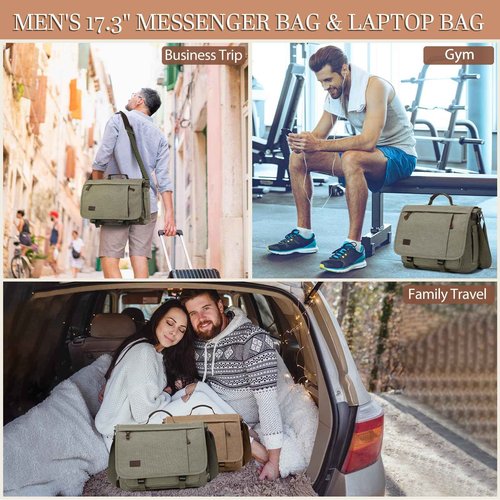 17.3 Inch Messenger Bag for Men: 2PCS Laptop Work PU Leather Canvas Briefcase Carry On Large Computer for Office College Travel (Green)