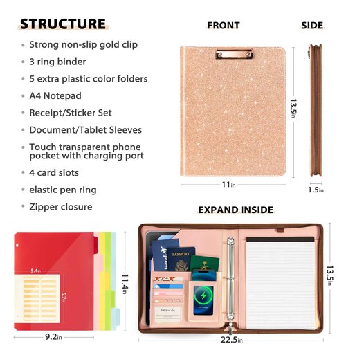 Leather Clipboard with Storage, Zippered Padfolio Portfolio Organizer, 3 Ring Binder 1 Inch, Notepad, Tablet Sleeve, 5 Dividers with Pocket, Stickets for Office, Nurses, Students, Teachers Rose Gold