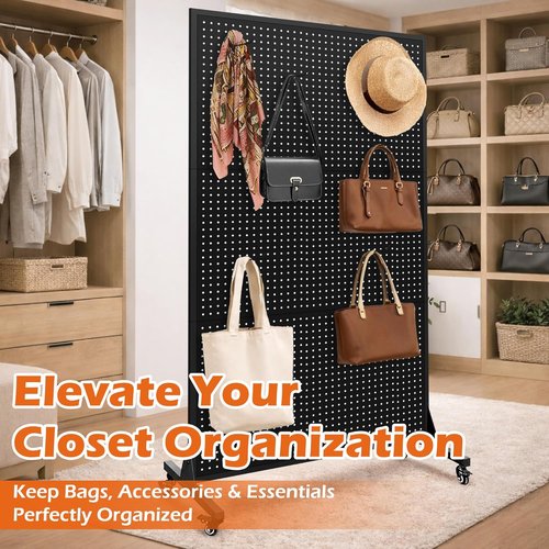 Royxen Metal Pegboard Display Stand - 3.5 x 6 Feet with 50 Hooks & Wheels | Black T-Base for Retail & Home