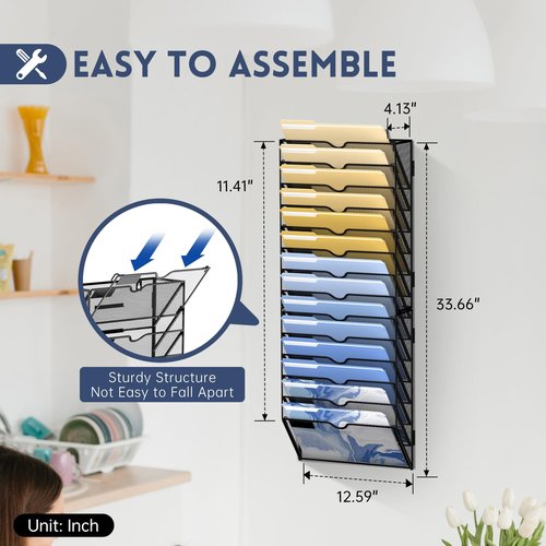 DALTACK Wall File Organizer, 14 Tier Hanging File Organizer, Mail Organizer Wall Mounted for Papers Folders Clipboard Magazine, Office Cubicle Organization & Storage, Assembly Needed, Mesh Black