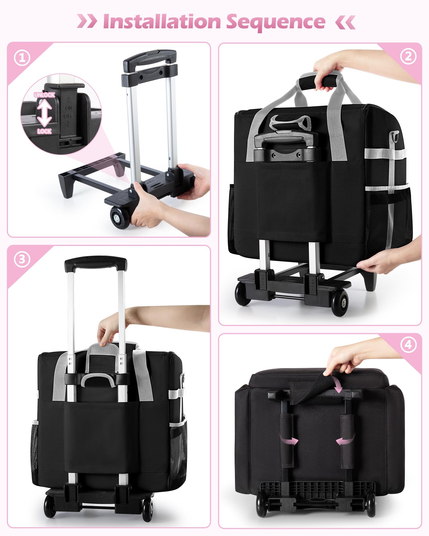 Marscamd Large Rolling Cleaning Caddy Bag with Detachable Trolley, Cleaning Supplies Organizer with Wheels for Housekeepers, Black