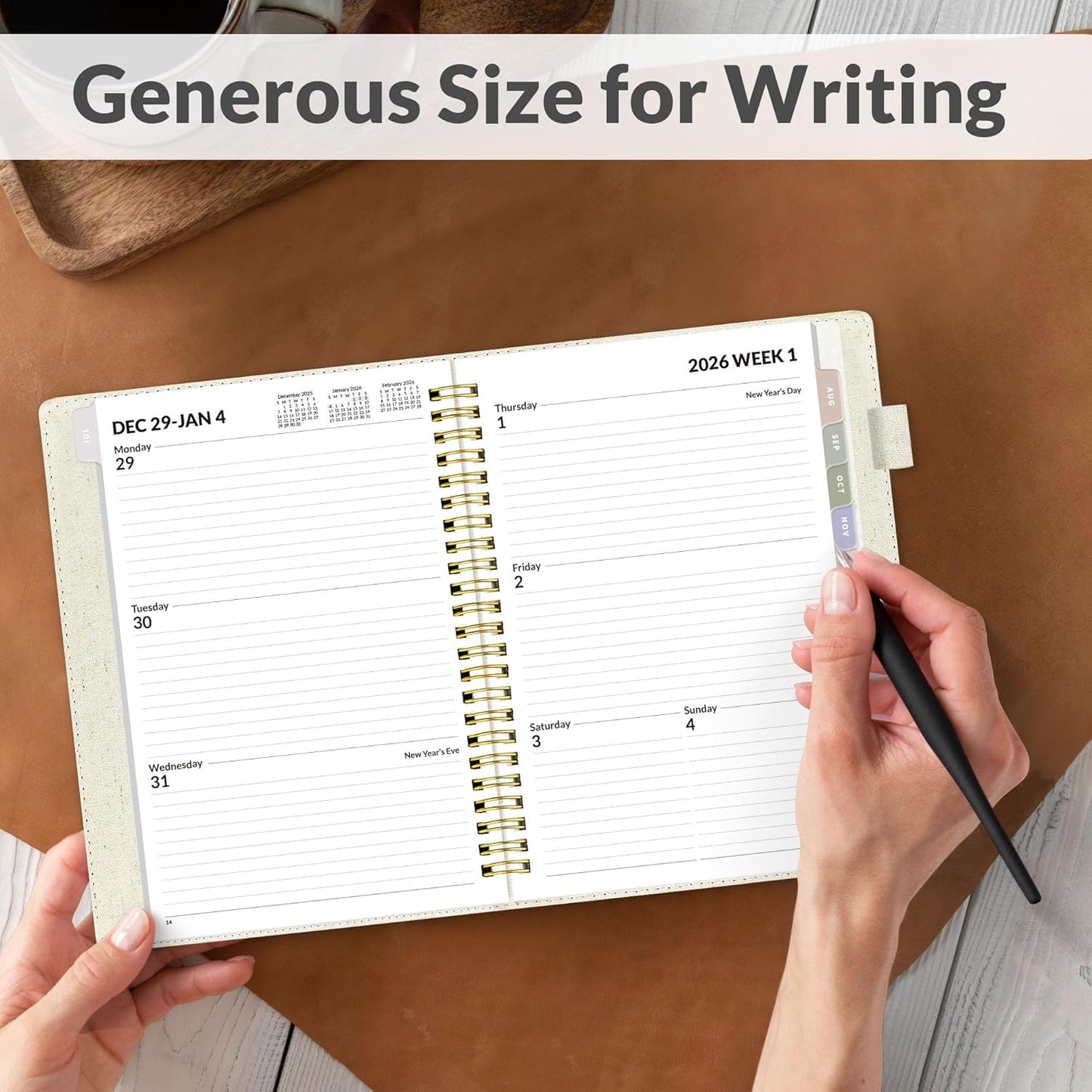 SUNEE 2026 Weekly & Monthly Planner - Vegan Leather Cover, Pocket & Bookmark | 6.4"x8.5", Beige