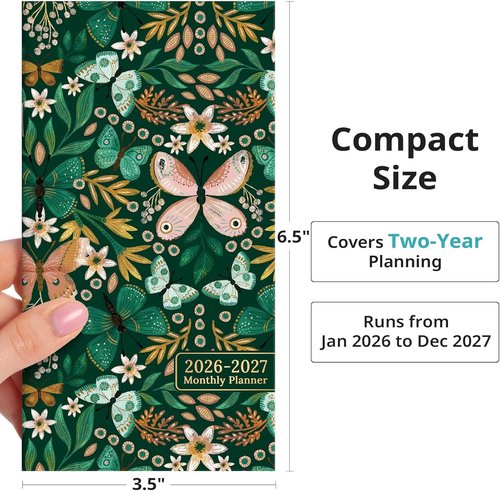 Pocket Calendar 2026-2027 - Monthly Planner for Purse, Small Size (6.5" x 3.5") | Butterfly Design