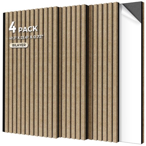 Keemute 4-Pack Bilayer Acoustic Wall Panels Large Self-Adhesive, 47.2” * 23.6” * 0.71” Soundproof Wall Panel, Acoustical Barrier of Polyester Fiber, Decorative Panels for Home&Office ,Black+Brown