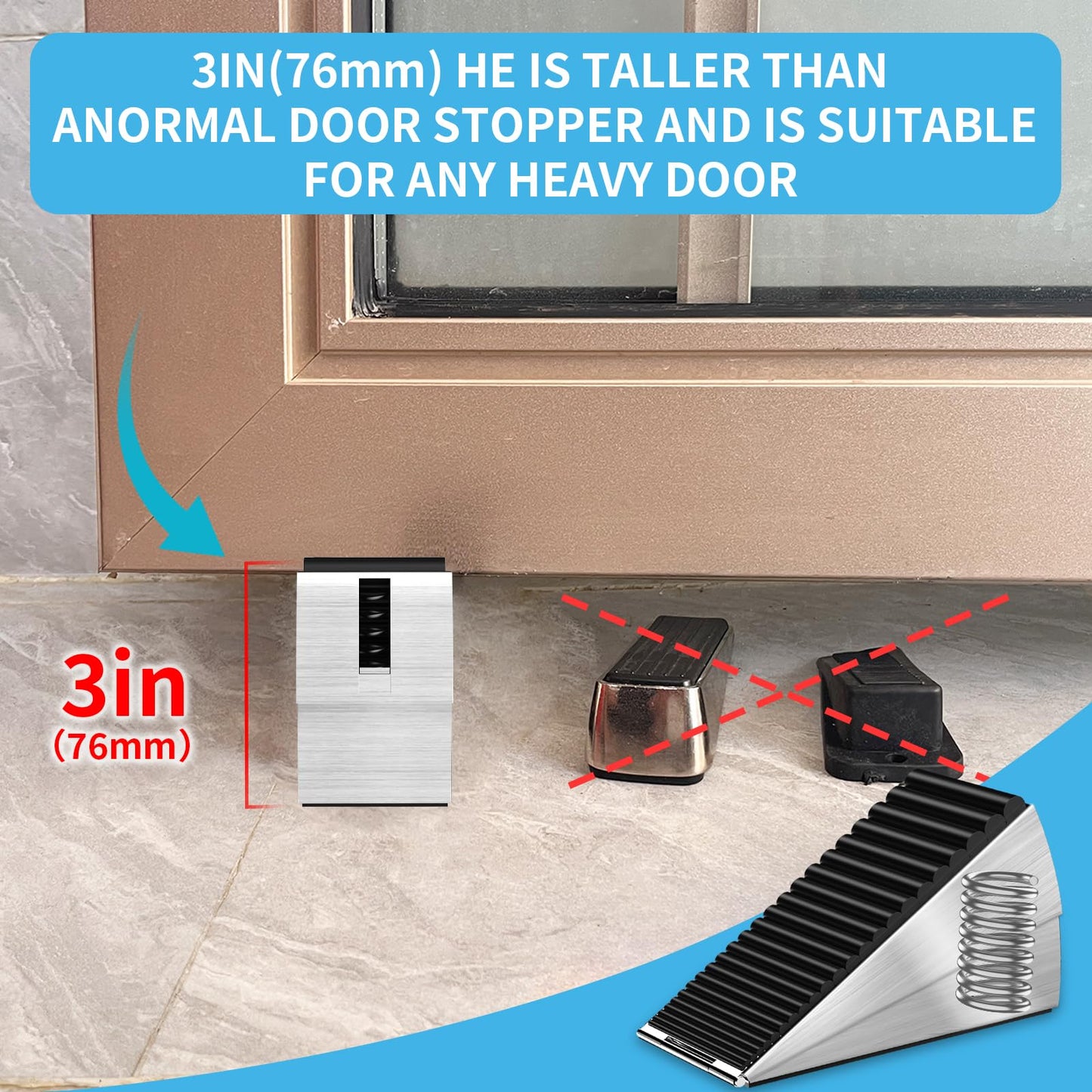 AIMAXINKE Door Stoppers for Bottom of Door- Large Spring Heavy Duty Door Stop Wedge, 3'' High Adjustable Metal Tall Doorstop, Strongest Rubber Grip, Suits Carpet, Tile, Home, School +1 Wall Protector