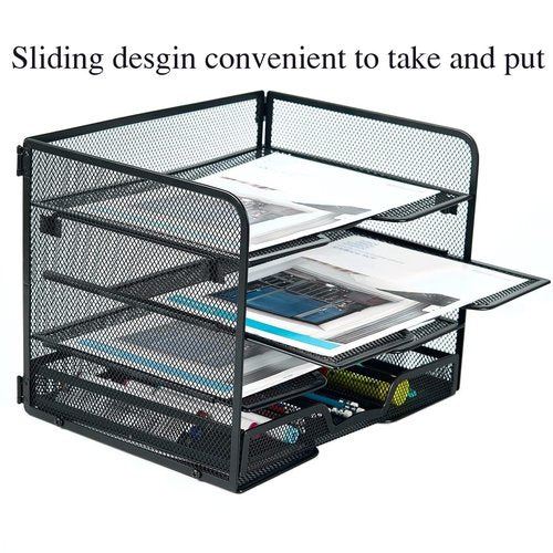 SETTFRFE 4 Tier Mesh Paper Letter Tray,Desk File Organizer with A Sliding Drawer,Office Supplies Desk Organizer for Home Office,Black.