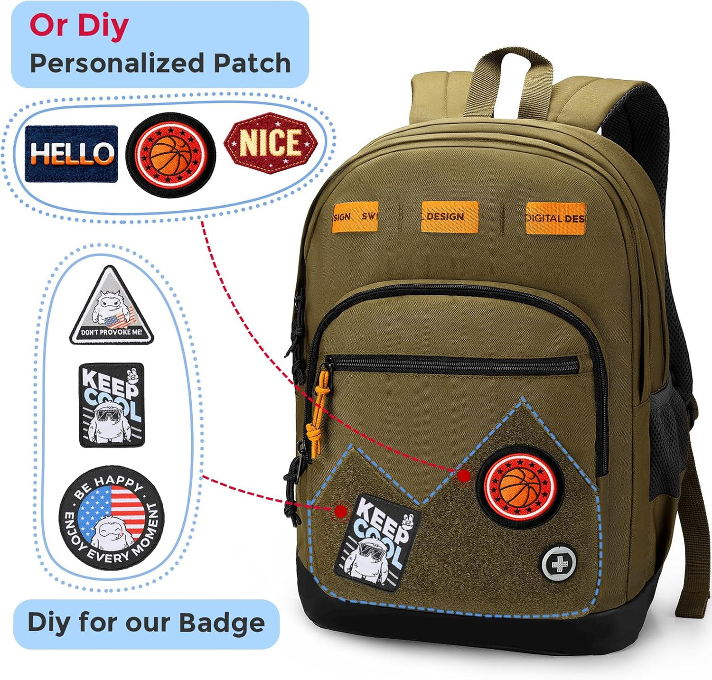 Swissdigital Big Student Laptop Backpack - Fun Personalized Patches for Teens | Olive Color - SD1718-26