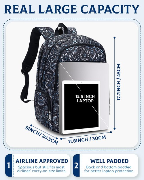FOKDUVB Large Backpack for Women Backpack with Lots of Pockets for Travel Work School Bookbag with Laptop Compartment for High School College Girls Mochilas Morrales para Mujer (Black/Gray, Paisley)