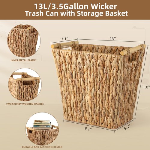 XLHOMO 2Pack Wicker Storage Basket 3.5Gallon Wicker Trash Can, Waterproof Wicker Basket Handwoven Brown Wicker Basket Narrow Small Trash Can for Bathroom, Bedroom, Office
