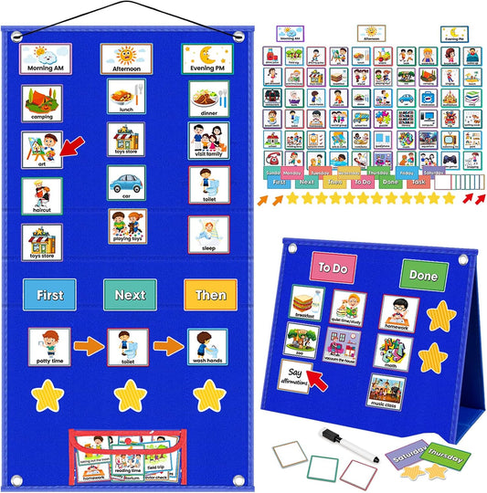 ALSLEA Large Visual Schedule for Kids - Autism Chore Chart with 124 Cards | Daily Routine Planner (Blue)
