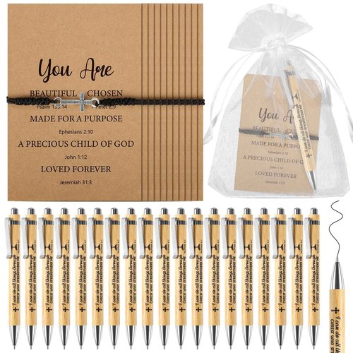 48 Sets Christian Gifts Bulk Include Bible Verse Inspirational Bamboo Pens Friendship Cross Bracelets Inspirational Cards and Organza Bags for Women Men Church Office School Journal Party Favors