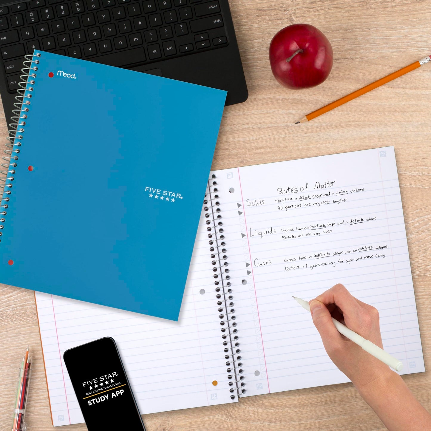 Five Star Spiral Notebook + Study App, 5 Subject, Wide Ruled Paper, 8" x 10-1/2", 200 Sheets, Fights Ink Bleed, Water Resistant Cover, Tidewater Blue (73196)