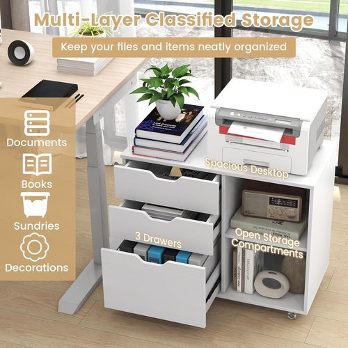 Regine Switzerland Mobile Filing Cabinet - 3 Drawer Wood Printer Stand with Universal Wheels | White