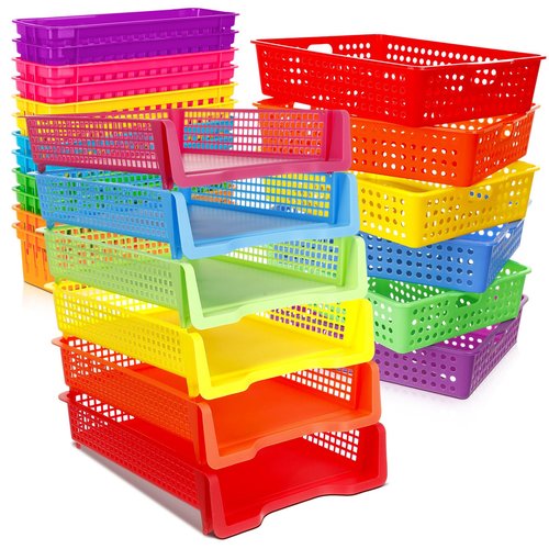 Boao 24 Pack Classroom Turn in Trays Plastic Paper Storage Bins with Pencil Baskets, Teacher School Turn in Bins Bulk, Stackable Storage Organizer for Office Desk Back to School Supplies