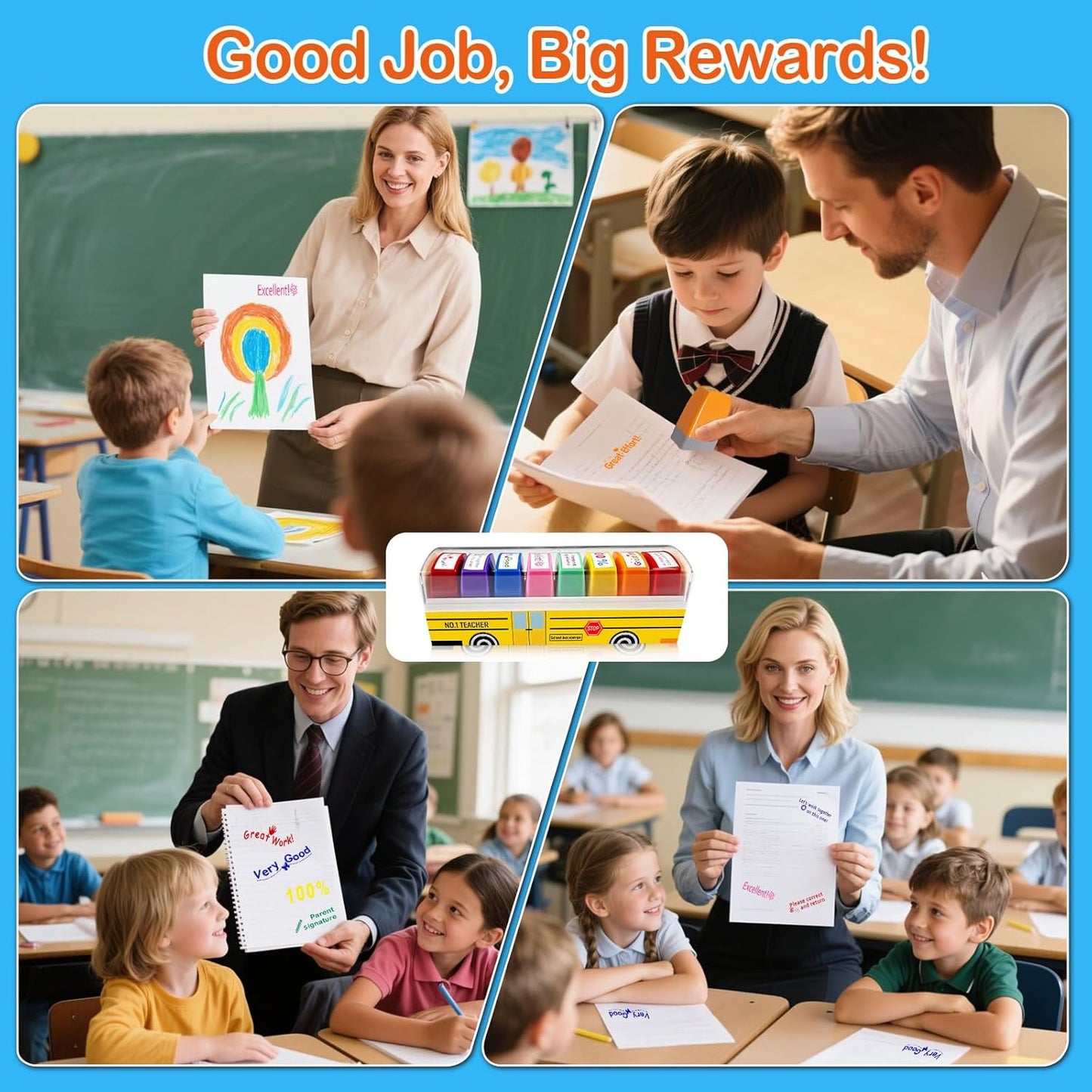 Teacher Stamps - Self-Inking Grading & Motivation Stamps | Perfect Gift for New Teachers (8 Pcs)