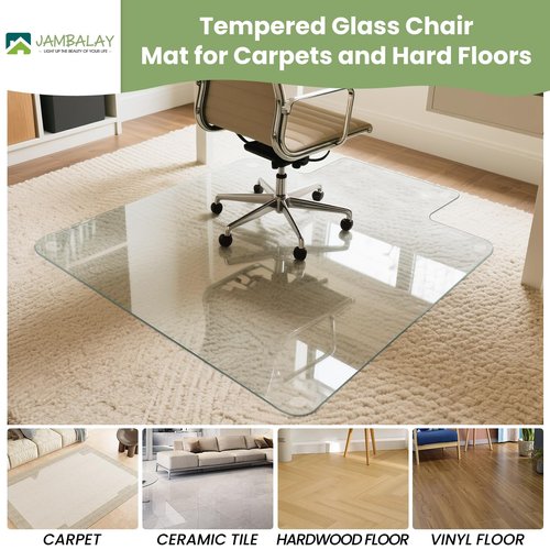 JAMBALAY Irregular Tempered Glass Chair Mat with Lip, 53"x45" Heavy Duty Glass Floor Mat for Carpet/Hard Floors, Carpet Office Chair Mats with Anti-Slip Pads, Thick 0.2″, Clear