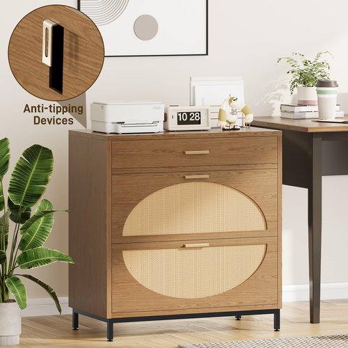 Lateral File Cabinet with 3 Drawers, Eco Rattan Wood File Cabinet for Home Office, Large Filing Storage Cabinets Printer Stand for Letter/Legal/A4 Size Hanging File