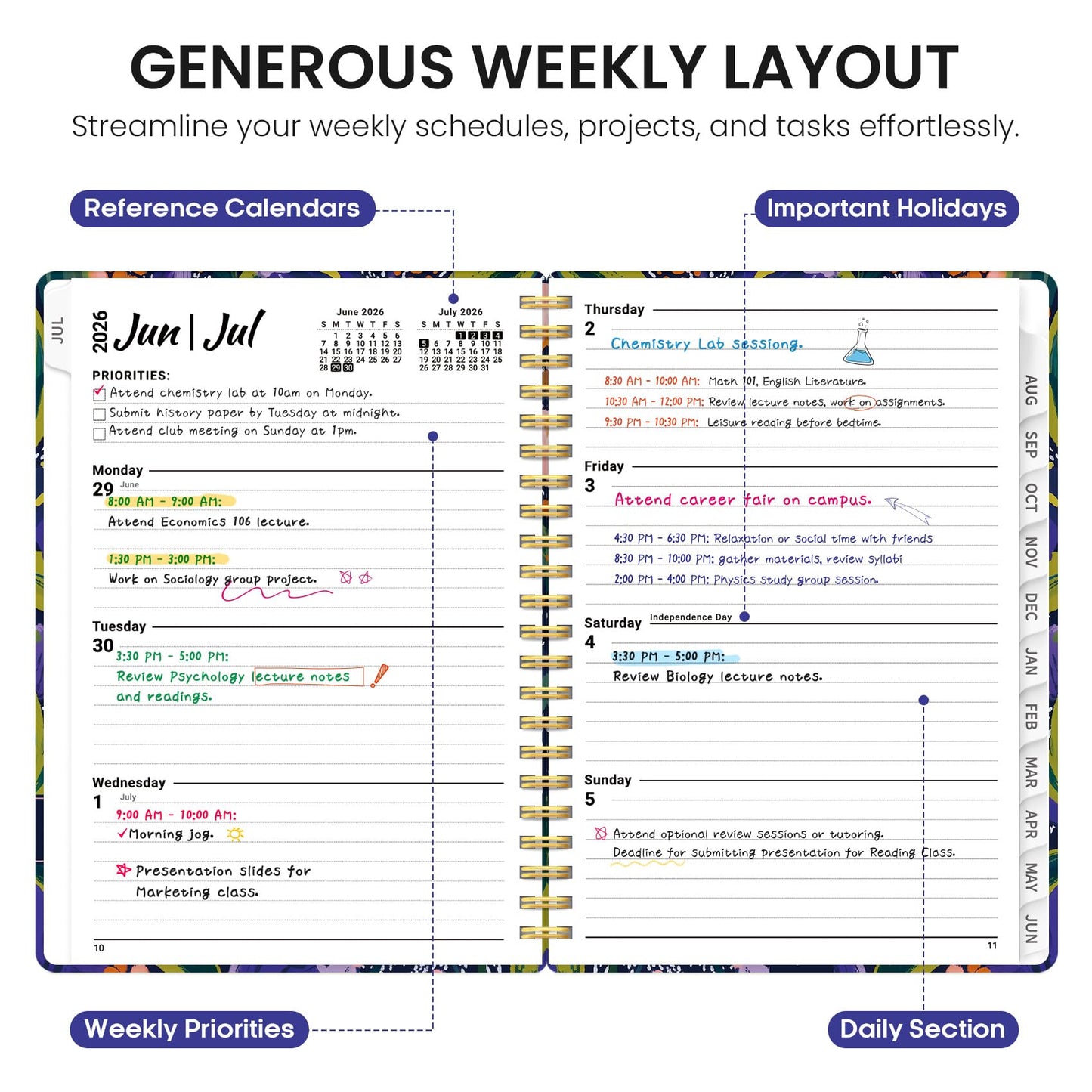 Planner 2026-2027, Academic Year Monthly and Weekly Calendar Planner, Jul 2026 - Jun 2027, Hardcover Teacher Student Planning Agenda book with Tabs, Perfect for School Office Supplies, 6.3" x 8.5" - Petal Rhythm