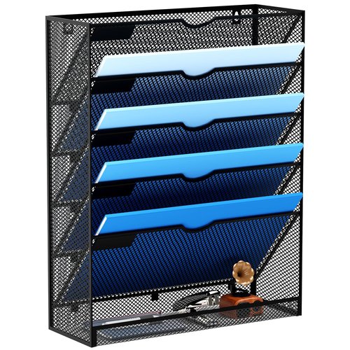 GDINDINFAN Hanging Wall File Organizer 6 Tier Wall Mounted Mail Paper Folder Holder Document Organization Stand, Vertical Desk Magazine Rack for Office Home Cubicle Countertop, Black