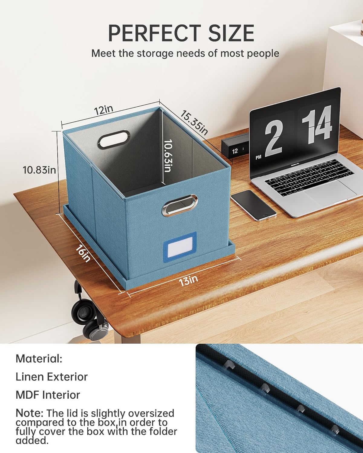 Skiennix File Storage Organizer - Portable Filing Box with Lid for Letter/Legal Documents | Dark Blue - 2 Pack