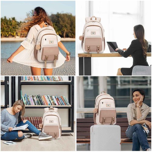 KROSIAS School Backpack for Girls Teens, Cute Aesthetic College Backpacks Large 17.3 Inch Laptop Bag Preppy Bookbag for Women Students Travel (Khaki Beige)